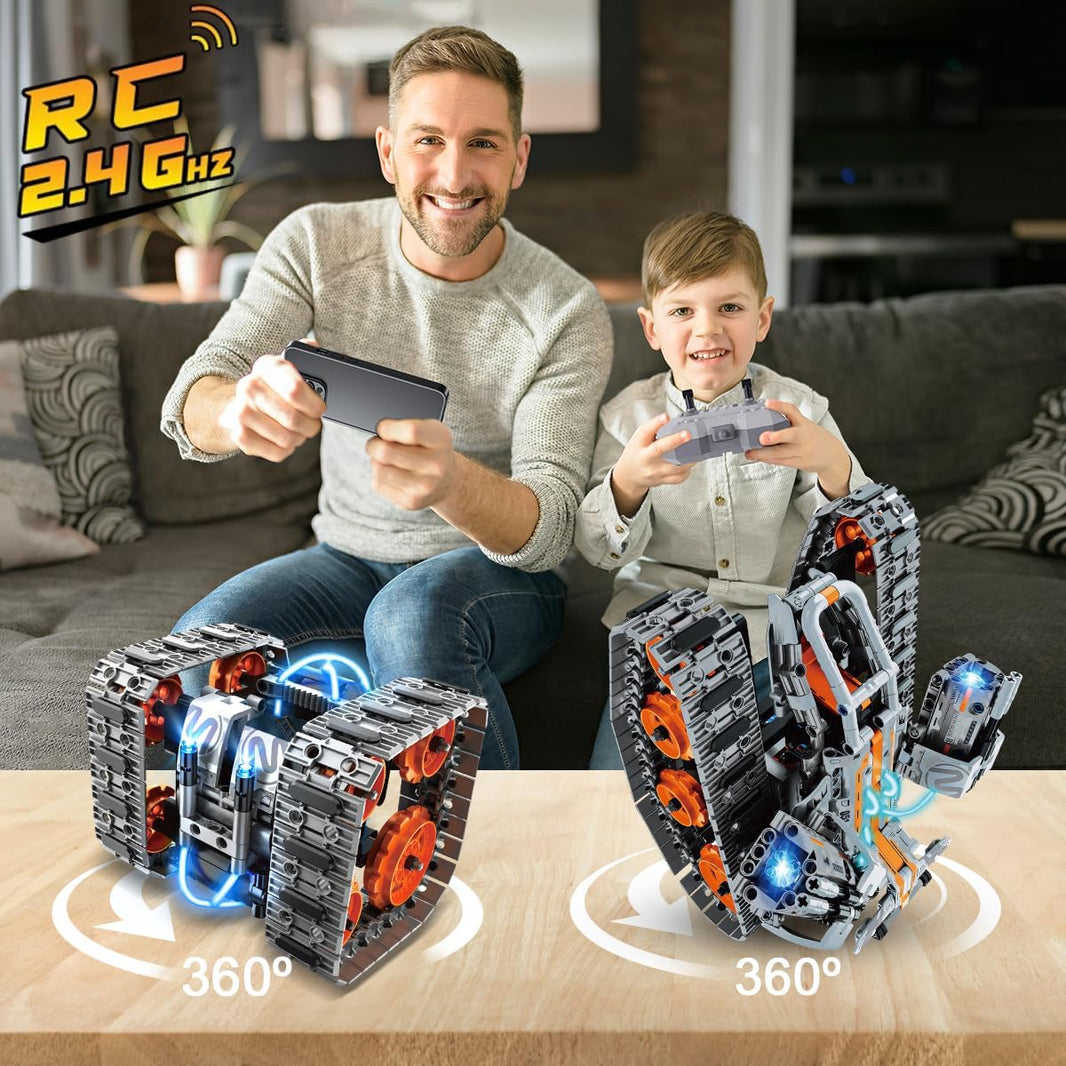 Kit de construction 5 en 1 avec éclairage LED, ensemble de briques avec application et télécommande, jouet technique RC rechargeable 604 pièces : Tank, Robot, Traîneau et Véhicule à chenilles