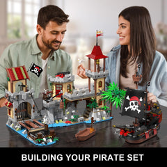 Ensemble de construction de château de pirates avec éclairage