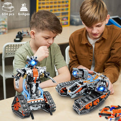 Kit de construction 5 en 1 avec éclairage LED, ensemble de briques avec application et télécommande, jouet technique RC rechargeable 604 pièces : Tank, Robot, Traîneau et Véhicule à chenilles