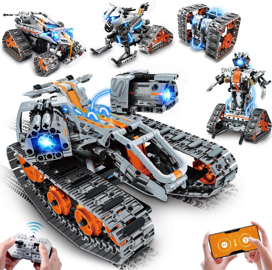 Kit de construction 5 en 1 avec éclairage LED, ensemble de briques avec application et télécommande, jouet technique RC rechargeable 604 pièces : Tank, Robot, Traîneau et Véhicule à chenilles