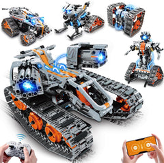 Kit de construction 5 en 1 avec éclairage LED, ensemble de briques avec application et télécommande, jouet technique RC rechargeable 604 pièces : Tank, Robot, Traîneau et Véhicule à chenilles