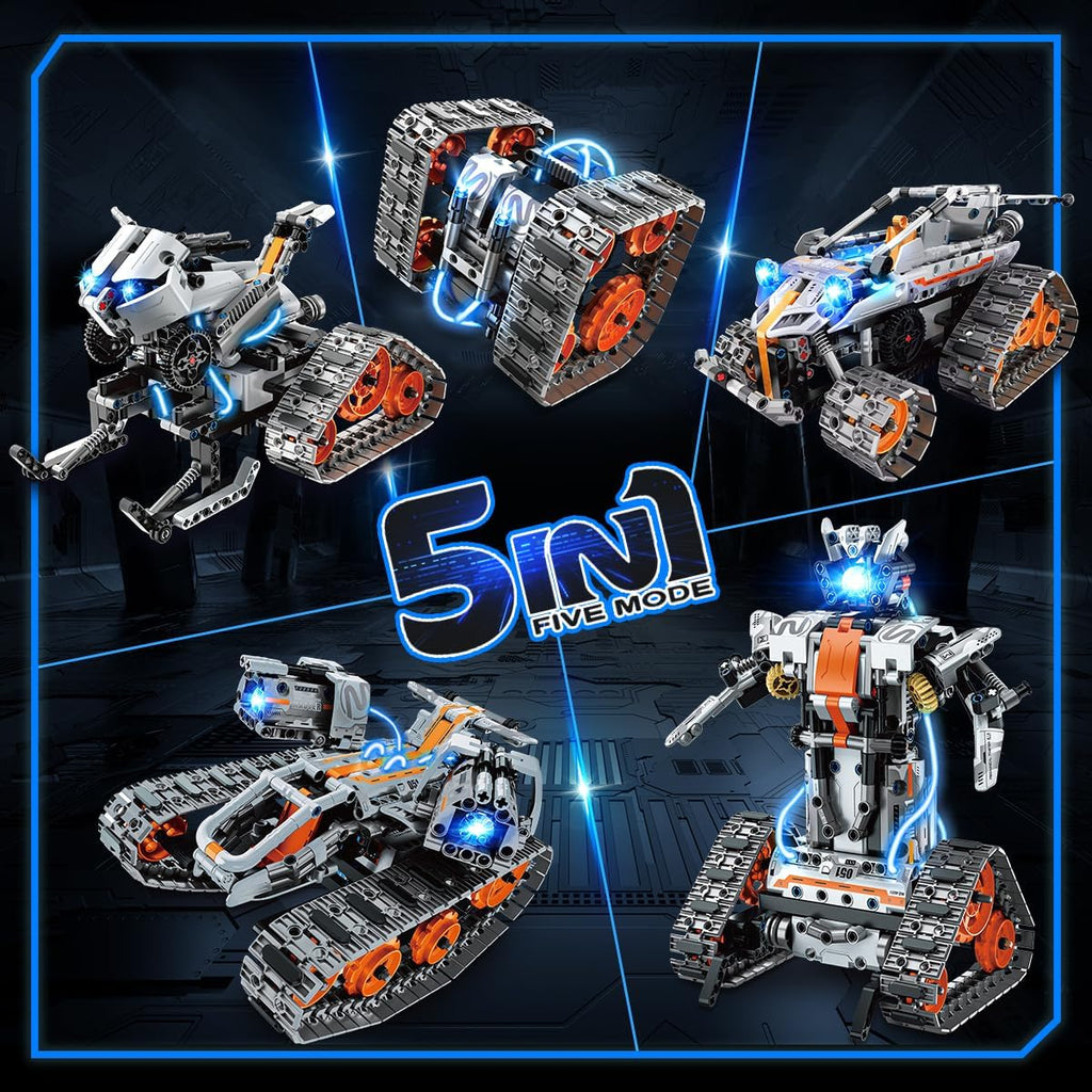 Kit de construction 5 en 1 avec éclairage LED, ensemble de briques avec application et télécommande, jouet technique RC rechargeable 604 pièces : Tank, Robot, Traîneau et Véhicule à chenilles