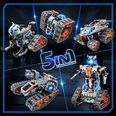 Kit de construction 5 en 1 avec éclairage LED, ensemble de briques avec application et télécommande, jouet technique RC rechargeable 604 pièces : Tank, Robot, Traîneau et Véhicule à chenilles
