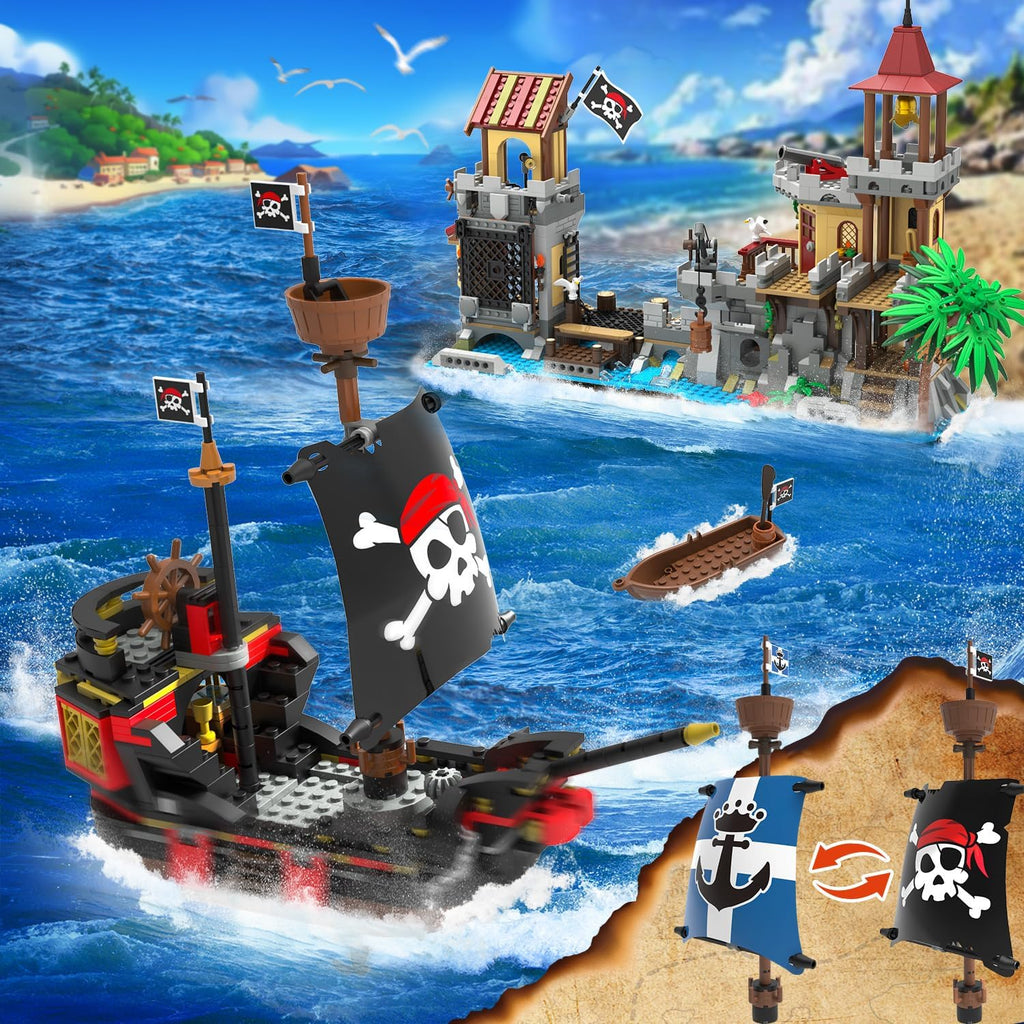 Ensemble de construction de château de pirates avec éclairage