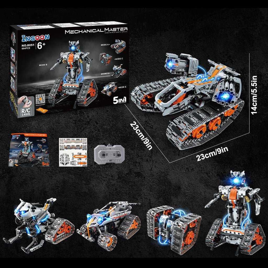 Kit de construction 5 en 1 avec éclairage LED, ensemble de briques avec application et télécommande, jouet technique RC rechargeable 604 pièces : Tank, Robot, Traîneau et Véhicule à chenilles