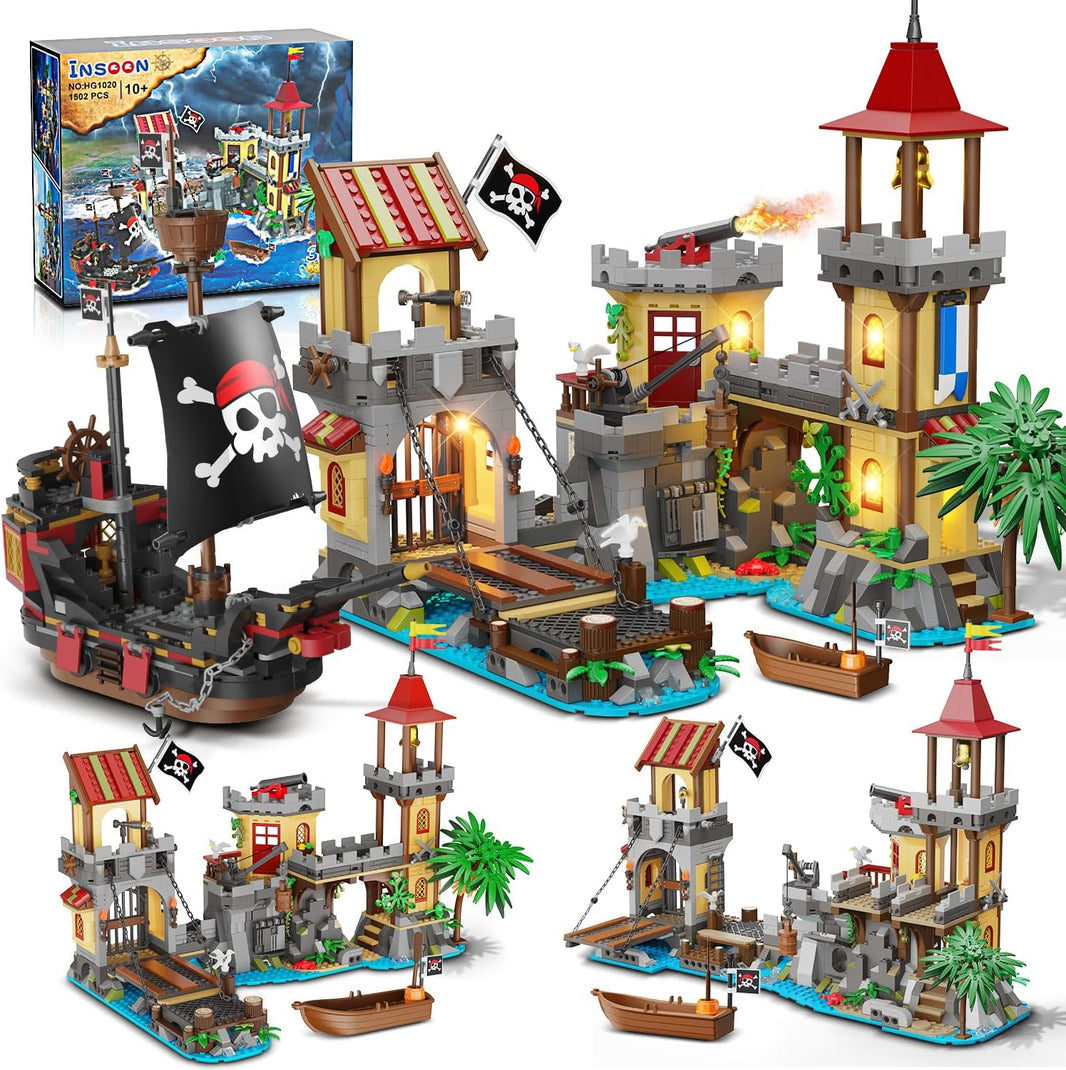 Ensemble de construction de château de pirates avec éclairage