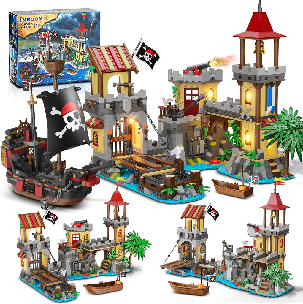 Ensemble de construction de château de pirates avec éclairage